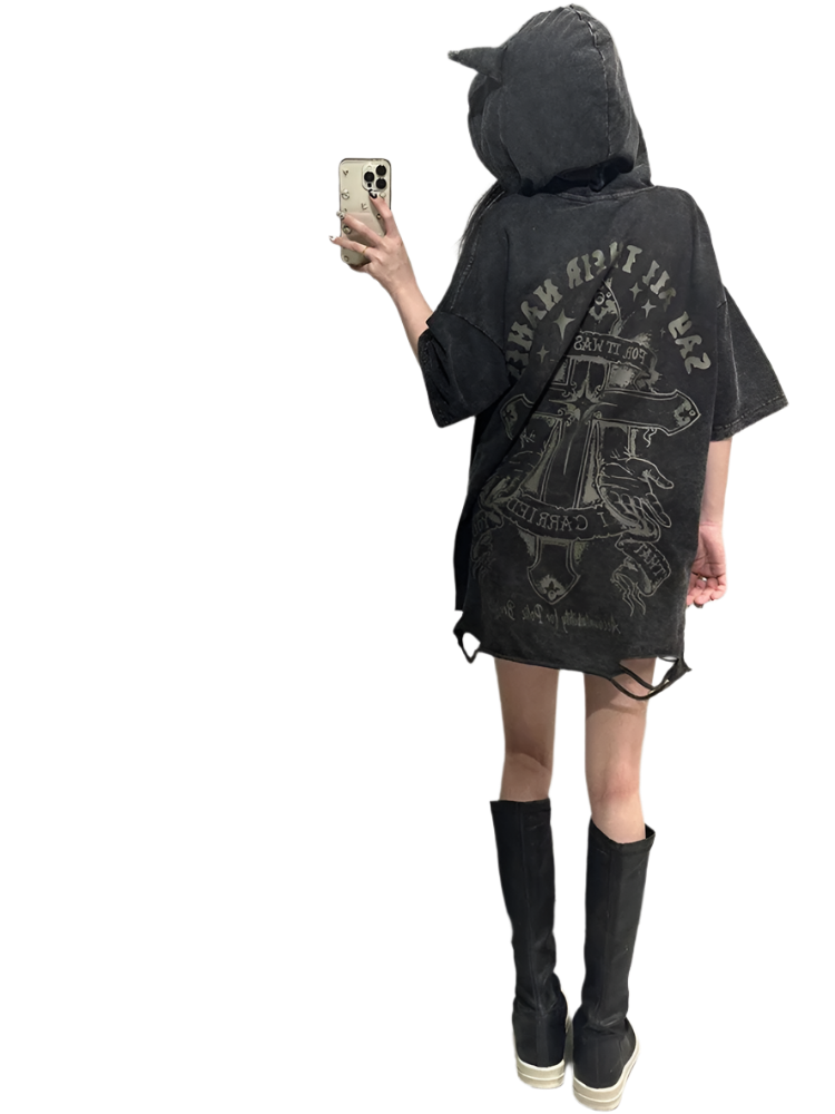 Loose Fit Devil Horn Hooded Tee