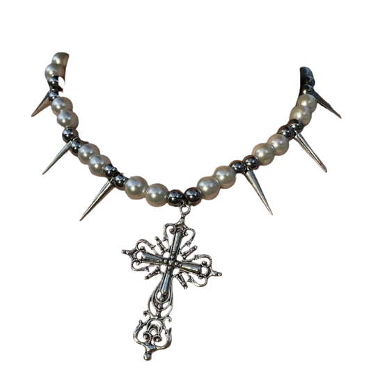 Pearl Chain Neckalce with Rivetz and Cross