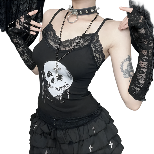 Skull Print Cami with Lace Trim