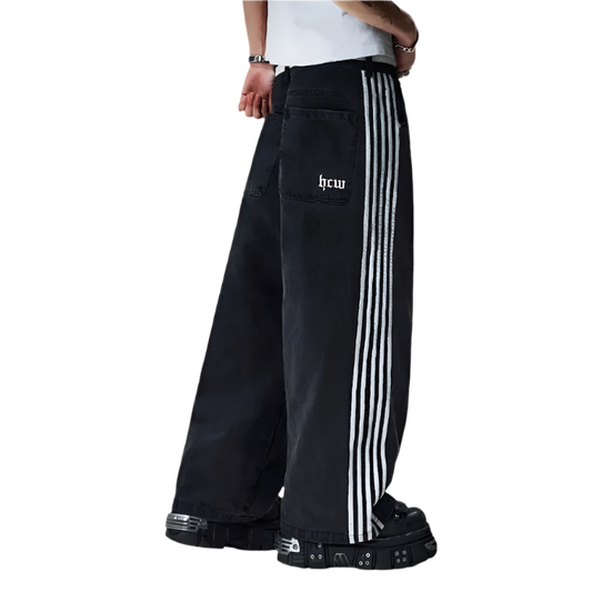 Black affordable baggy streetwear pants for men and women with white side stripes and back pocket logo