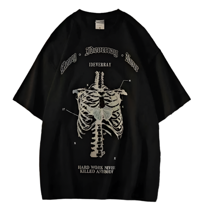 Black alternative fashion emo shirt with white skeleton design and motivational text by weird0z