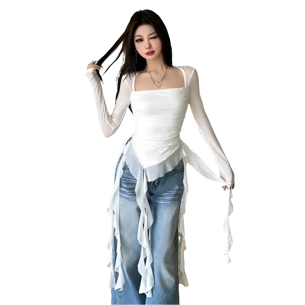 Mesh Hooded Tee with Ruffle Hem and Sleevez