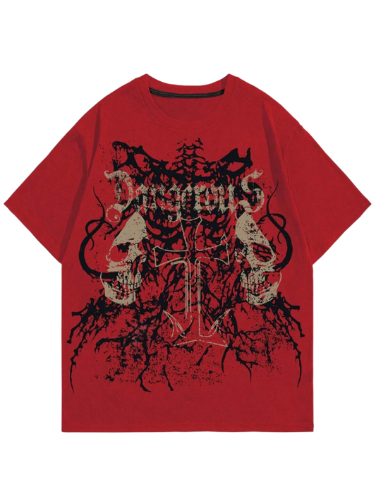 Red baggy skull t-shirt with black and white skull graphic design and distressed text print