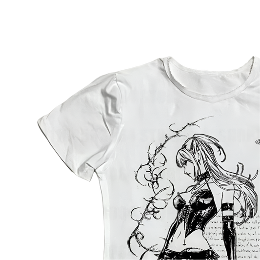 White t-shirt featuring a black and white emo anime character shirt design with edgy art style