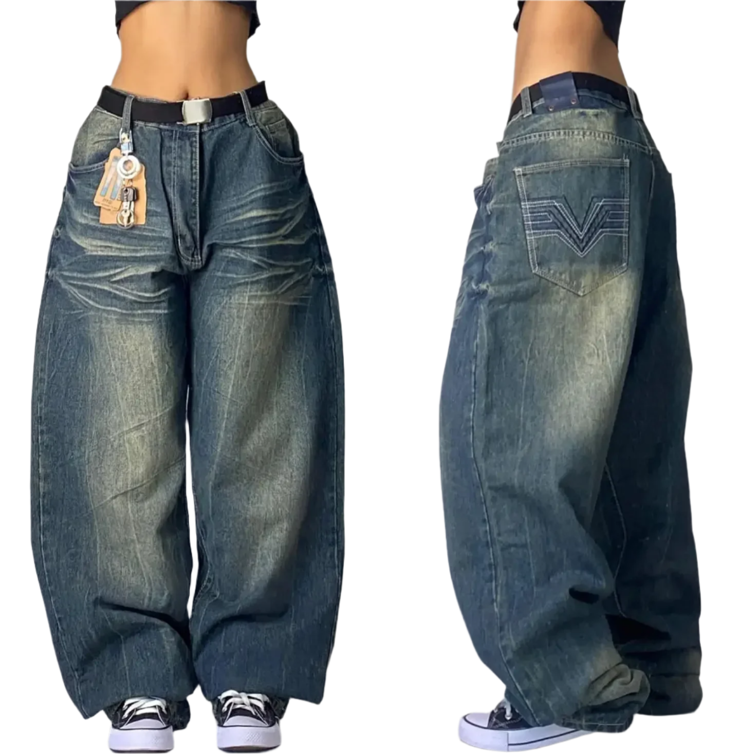 Weird0z extra baggy jeans in faded blue denim shown from front and side views with a belt and casual sneakers