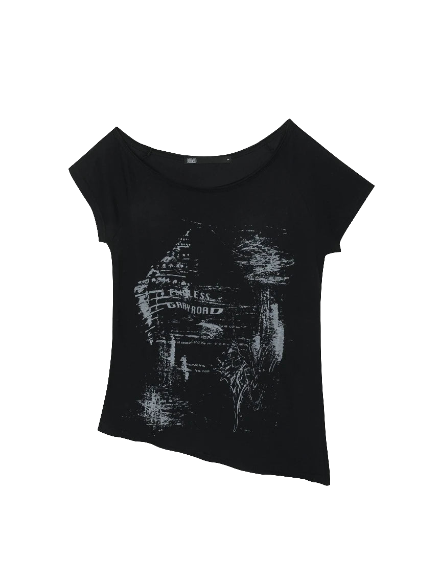 Black off shoulder cyber tee with distressed futuristic graphic design by weird0z