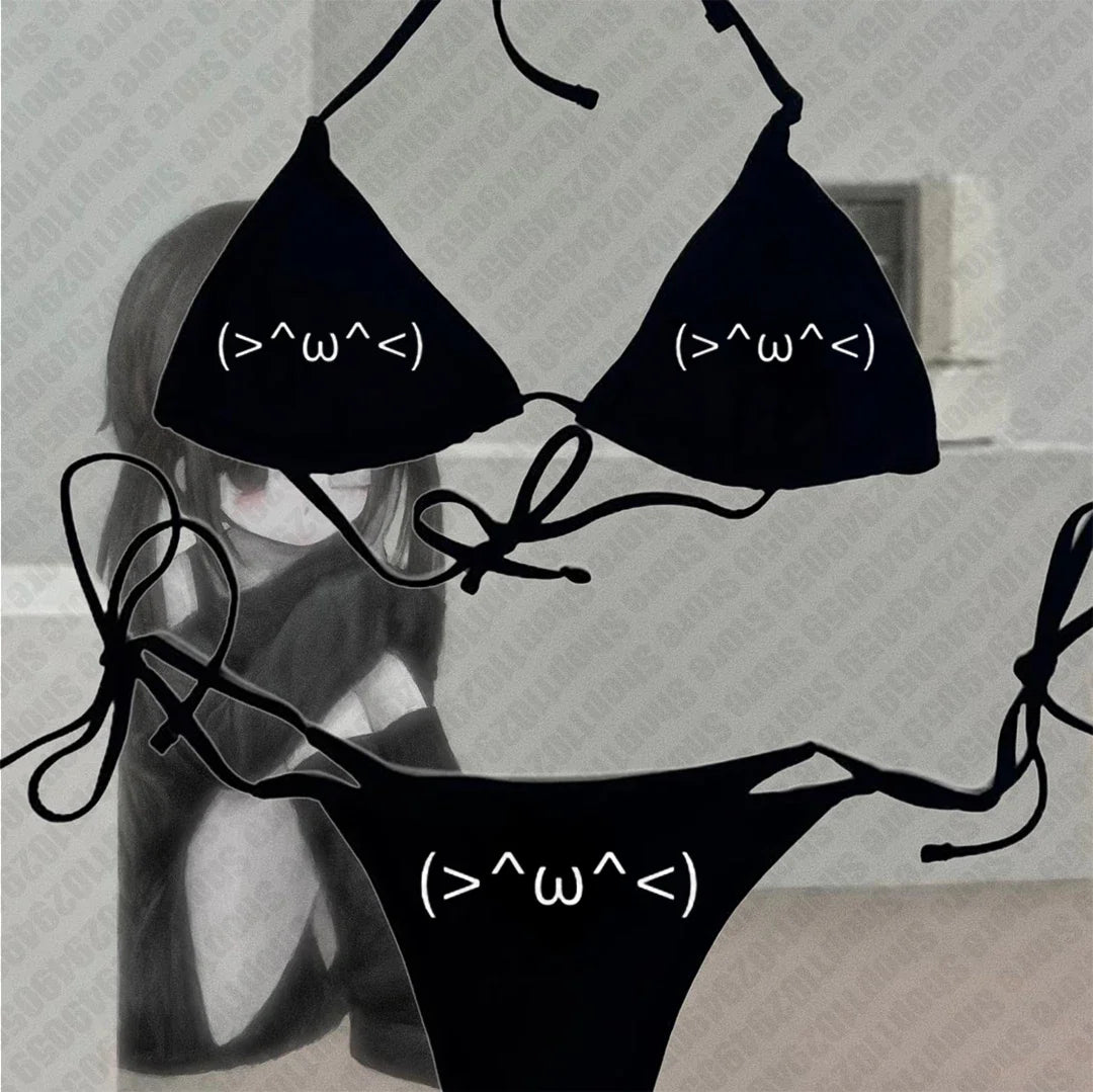 Black bikini set with unique statement swimwear featuring cute emoticon print on top and bottom