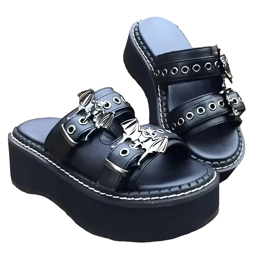 Black platform alternative fashion shoes with silver bat and skull decorations and buckle straps