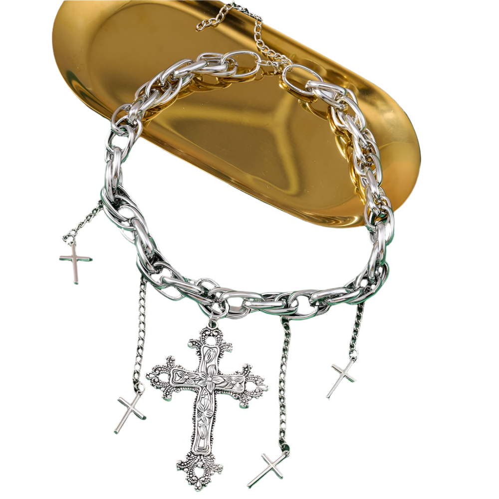 Silver Chain Choker with Large Cross