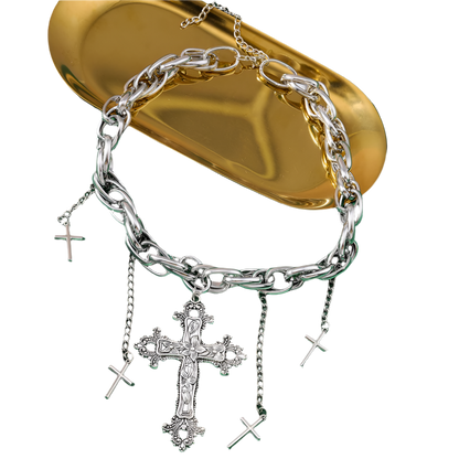Silver Chain Choker with Large Cross