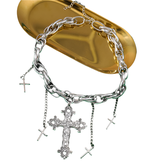 Silver Chain Choker with Large Cross
