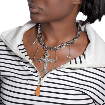 Silver Chain Choker with Large Cross