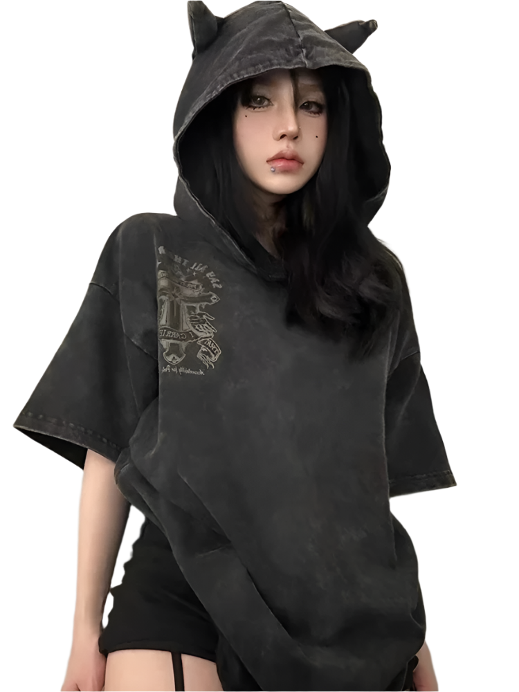 Loose Fit Devil Horn Hooded Tee