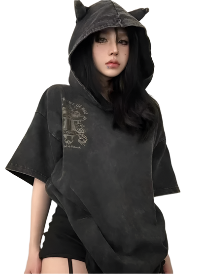Loose Fit Devil Horn Hooded Tee