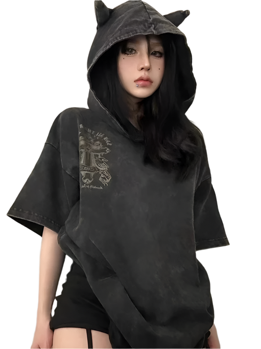Loose Fit Devil Horn Hooded Tee