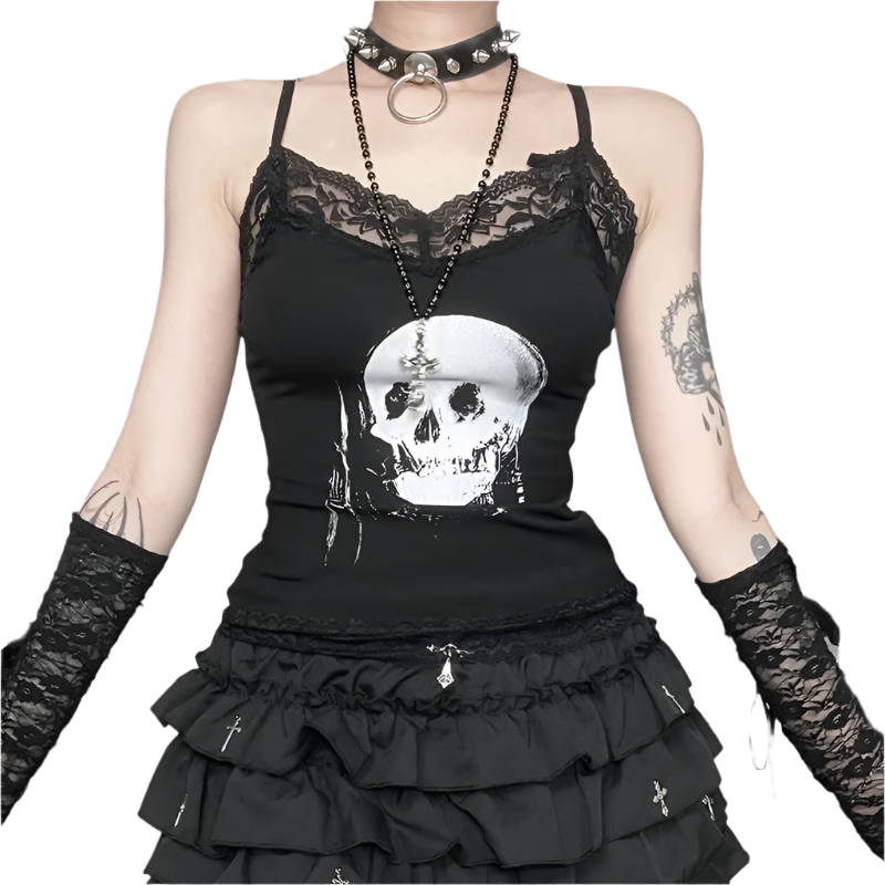 Skull Print Cami with Lace Trim