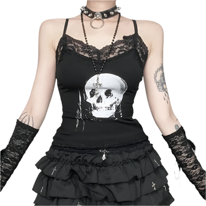 Skull Print Cami with Lace Trim