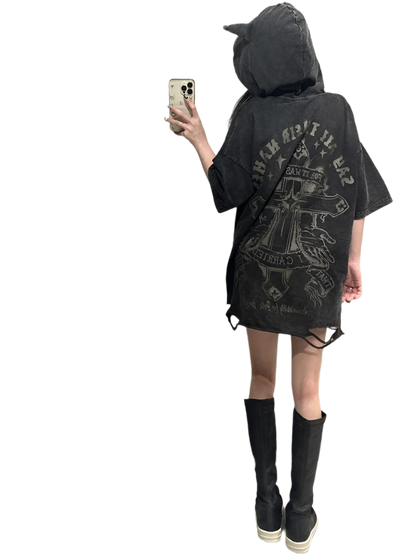 Loose Fit Devil Horn Hooded Tee