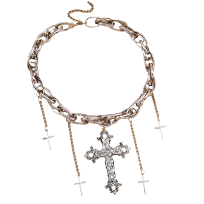 Silver Chain Choker with Large Cross