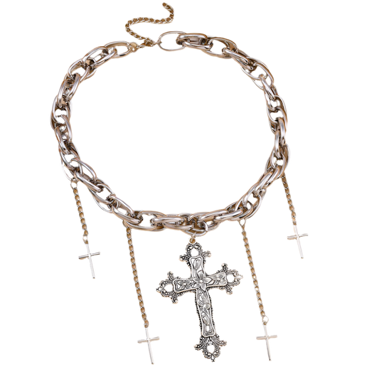 Silver Chain Choker with Large Cross