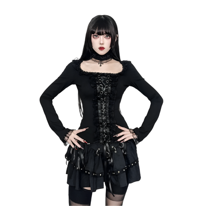 Long Sleeved Top with Ribbon Lace and Choker