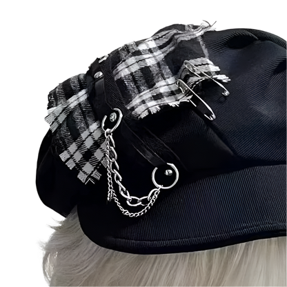 Plaid Patchwork Beret Hat with Brim