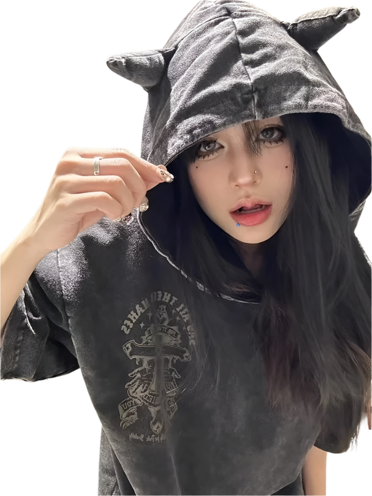 Loose Fit Devil Horn Hooded Tee