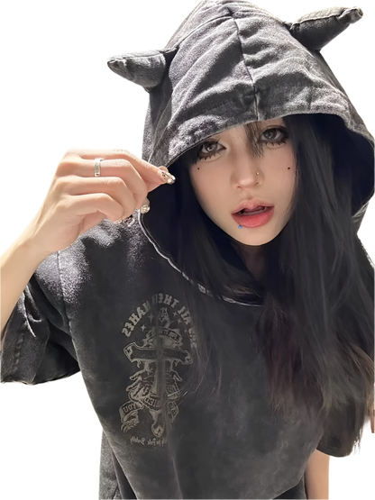 Loose Fit Devil Horn Hooded Tee