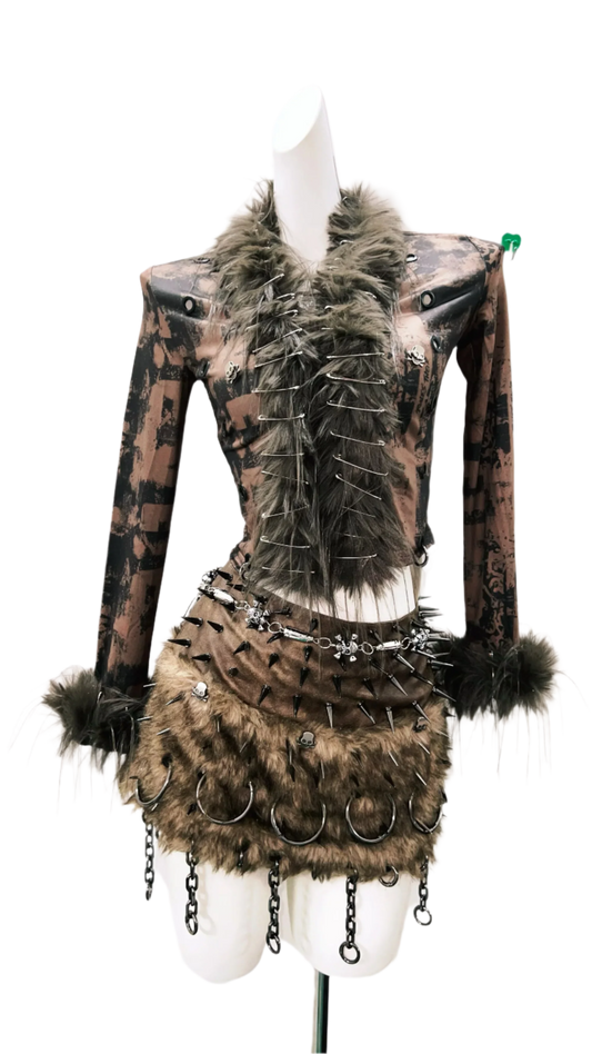 Fur Skirt/ Top with Tie Dye Design and Metal Detailz