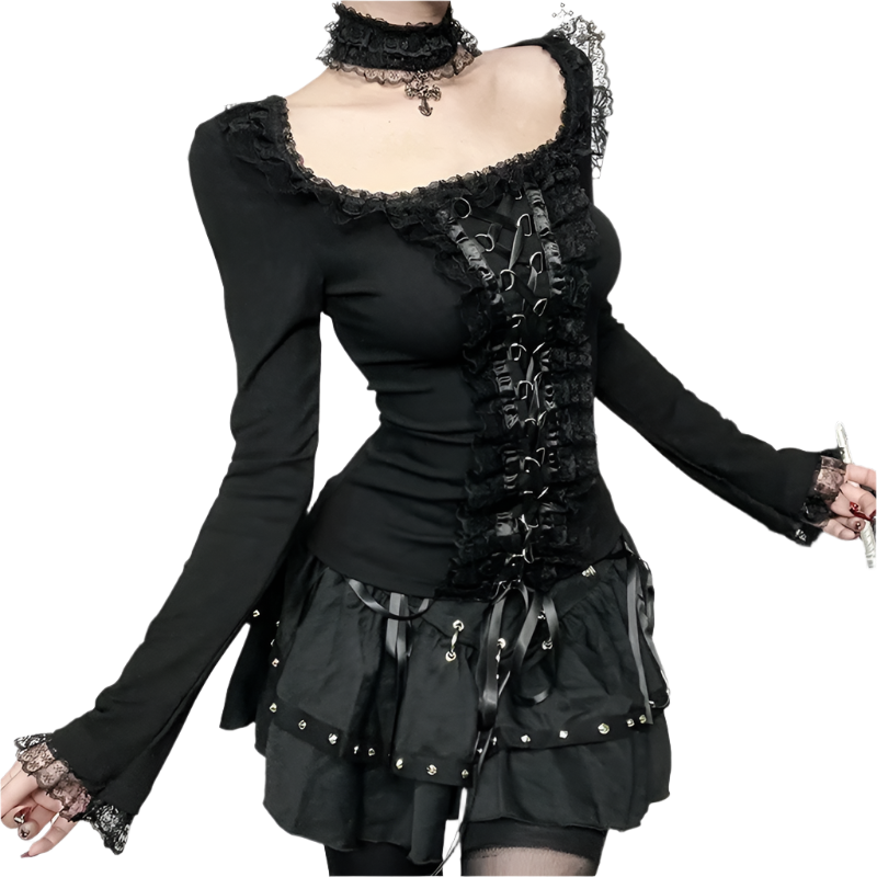 Long Sleeved Top with Ribbon Lace and Choker