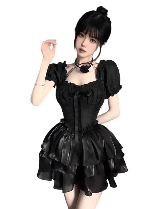 Black Dress with Puff Sleevez and Ruffled Skirt