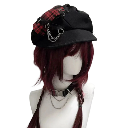 Plaid Patchwork Beret Hat with Brim