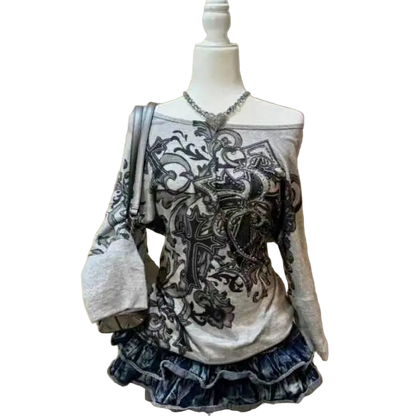 Grey Off shoulder Y2K Top