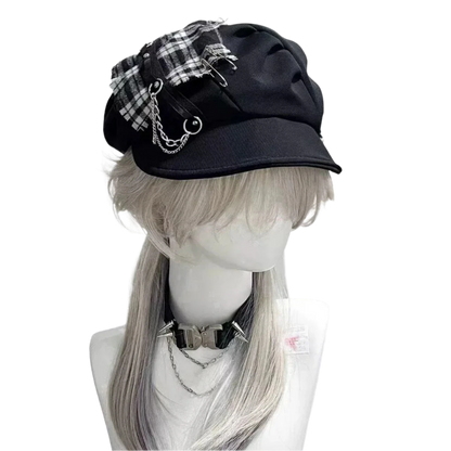 Plaid Patchwork Beret Hat with Brim
