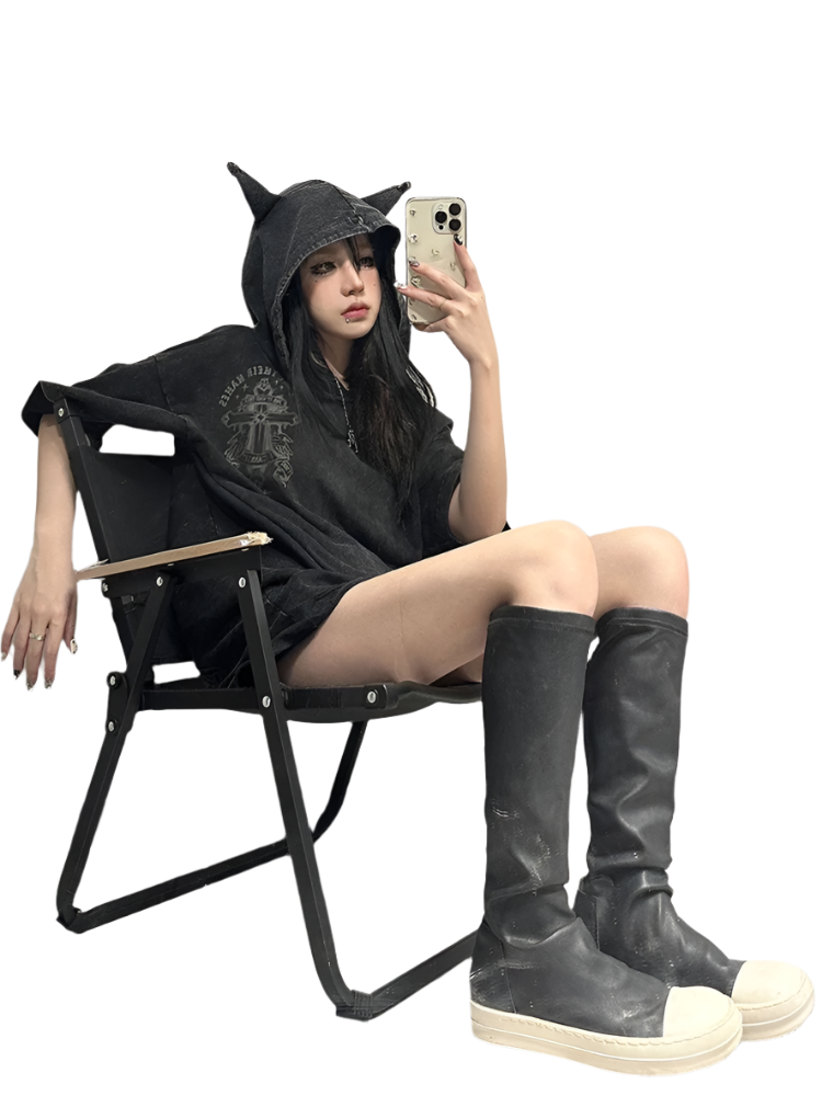 Loose Fit Devil Horn Hooded Tee