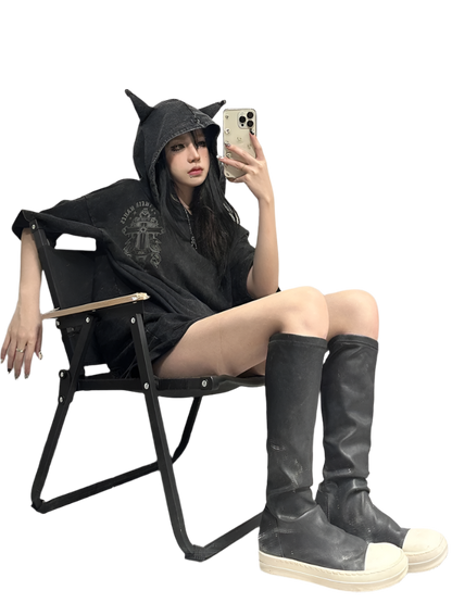 Loose Fit Devil Horn Hooded Tee