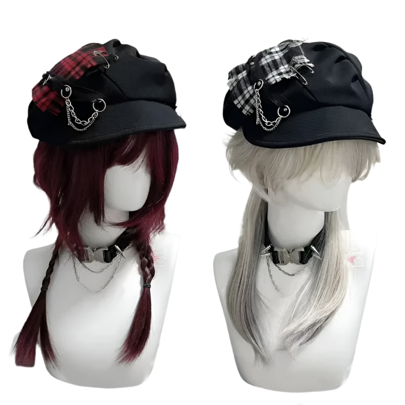 Plaid Patchwork Beret Hat with Brim