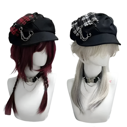 Plaid Patchwork Beret Hat with Brim