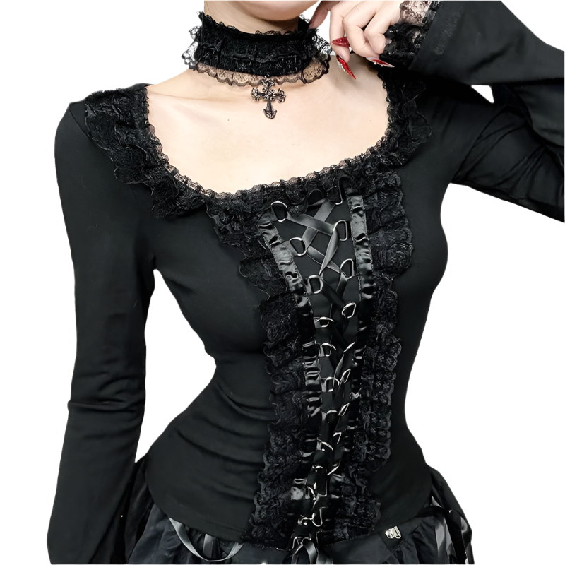 Long Sleeved Top with Ribbon Lace and Choker