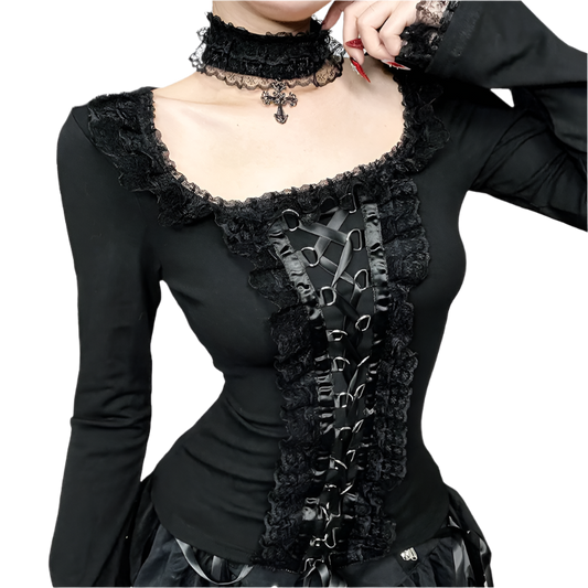 Long Sleeved Top with Ribbon Lace and Choker