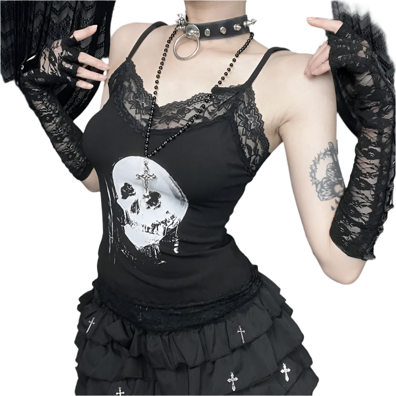 Skull Print Cami with Lace Trim