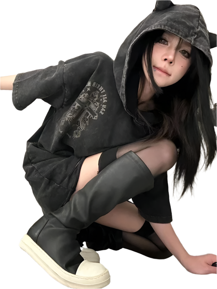 Loose Fit Devil Horn Hooded Tee