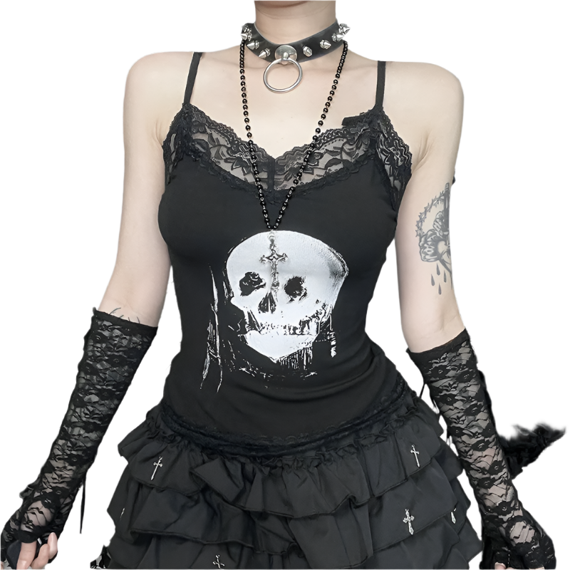 Skull Print Cami with Lace Trim
