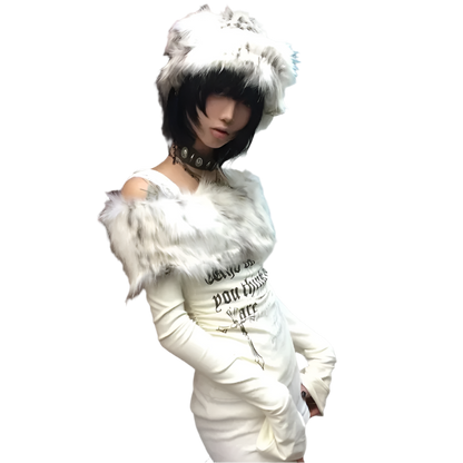 White Fur Trim Off Shoulder Top