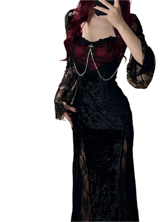 Lacey Velvet Dress with Mesh Overlay