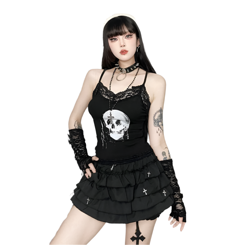 Skull Print Cami with Lace Trim
