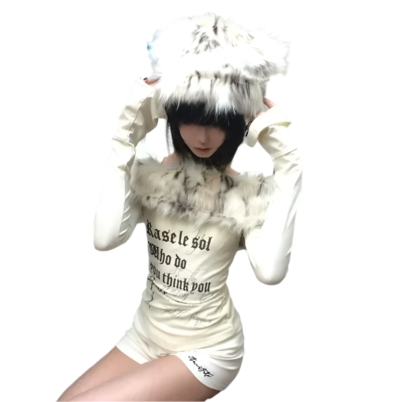 White Fur Trim Off Shoulder Top