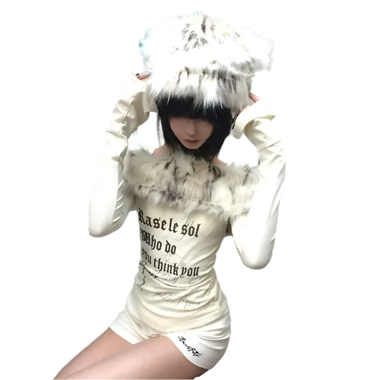 White Fur Trim Off Shoulder Top