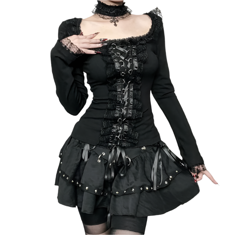 Long Sleeved Top with Ribbon Lace and Choker