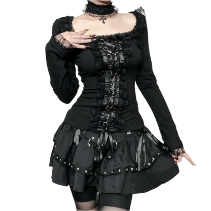 Long Sleeved Top with Ribbon Lace and Choker